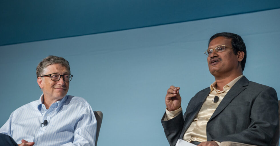 muruga bill 1 Bill Gates and Arunachalam Muruganantham at the panel discussion: Creating Cultures of Innovation during the Grand Challenges Annual Meeting at the Westin Hotel in Seattle, WA on October 8, 2014. Photo by Barbara Kinney/The Bill & Melinda Gates Foundation